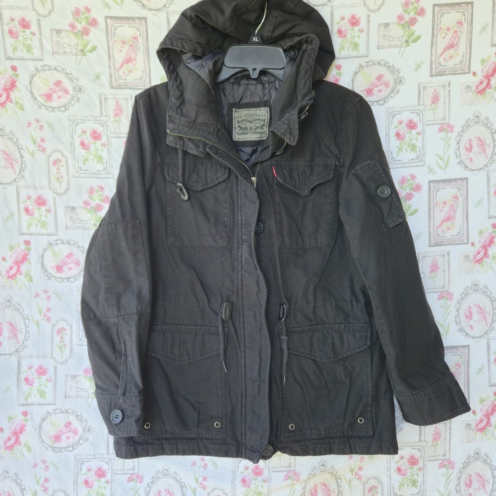 Levi's Black Hooded Military Utility Field Jacket Coat Parka Women's Size Small
